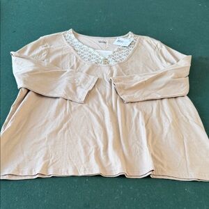 Basic Editions Women's Tan Long Sleeve Top with Embellished Neckline